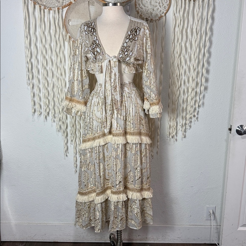 Papa Pia Crean and Gold Cropped Top and Maxi Skirt Festival Gypsy Set O/S